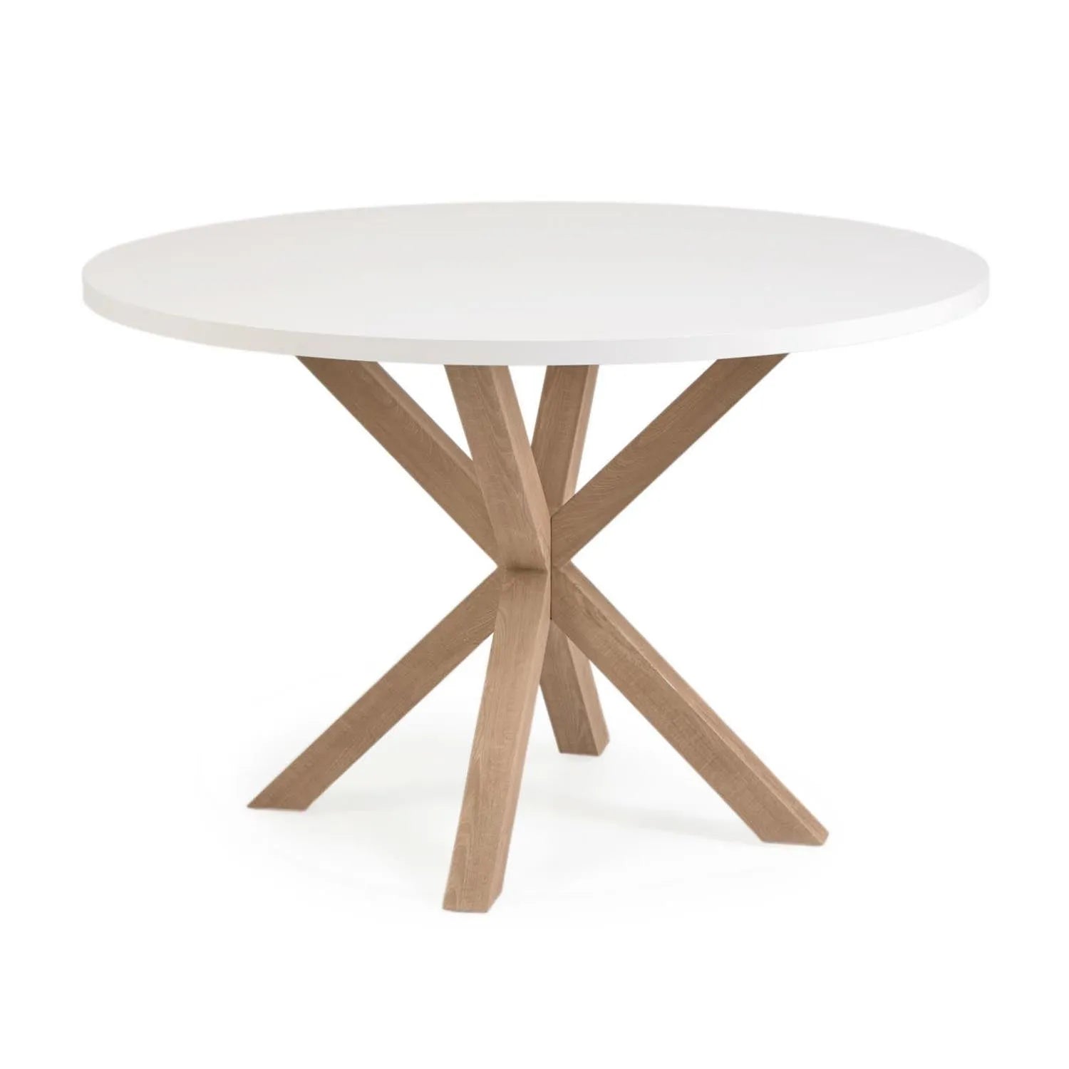 3D-Modell: Tisch Argo, Ø 120 cm, weißes Melamin, Stahlbeine in Holzoptik, elegant und robust.