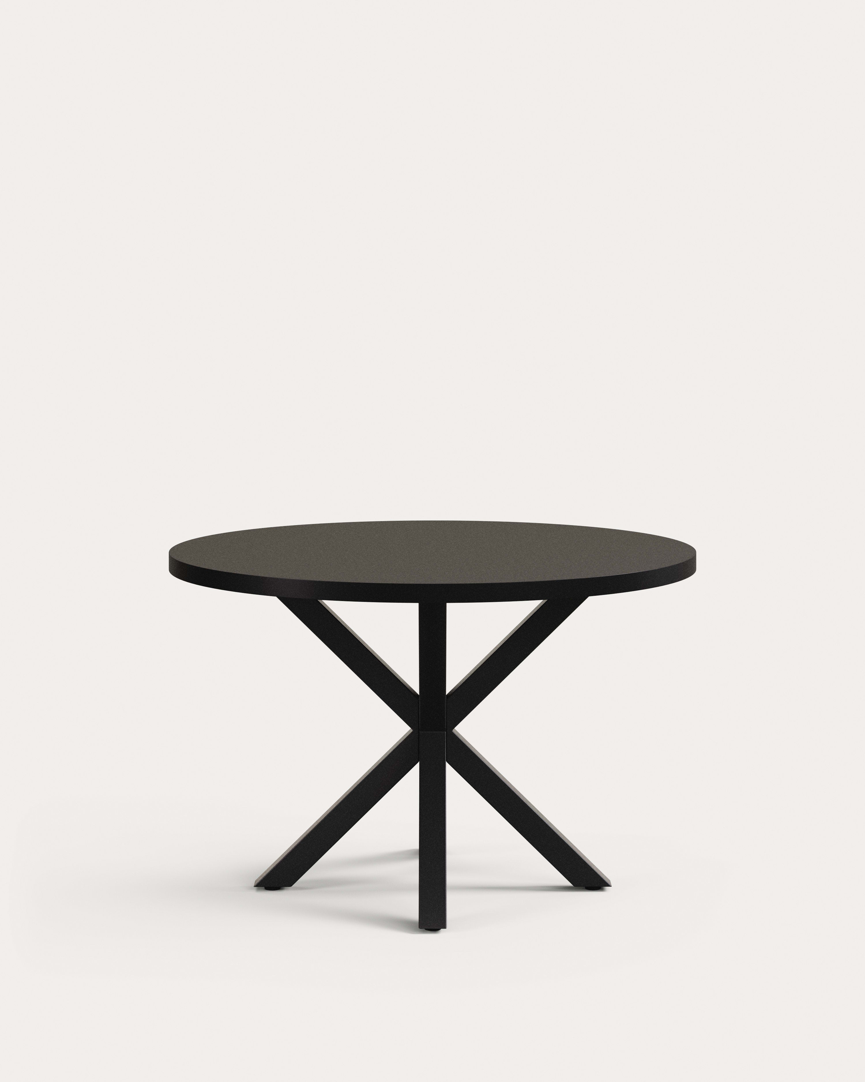 Moderner runder Tisch Argo, Ø 120 cm, aus schwarz lackiertem MDF mit stabilen Stahlbeinen, ideal für stilvolle Essbereiche.