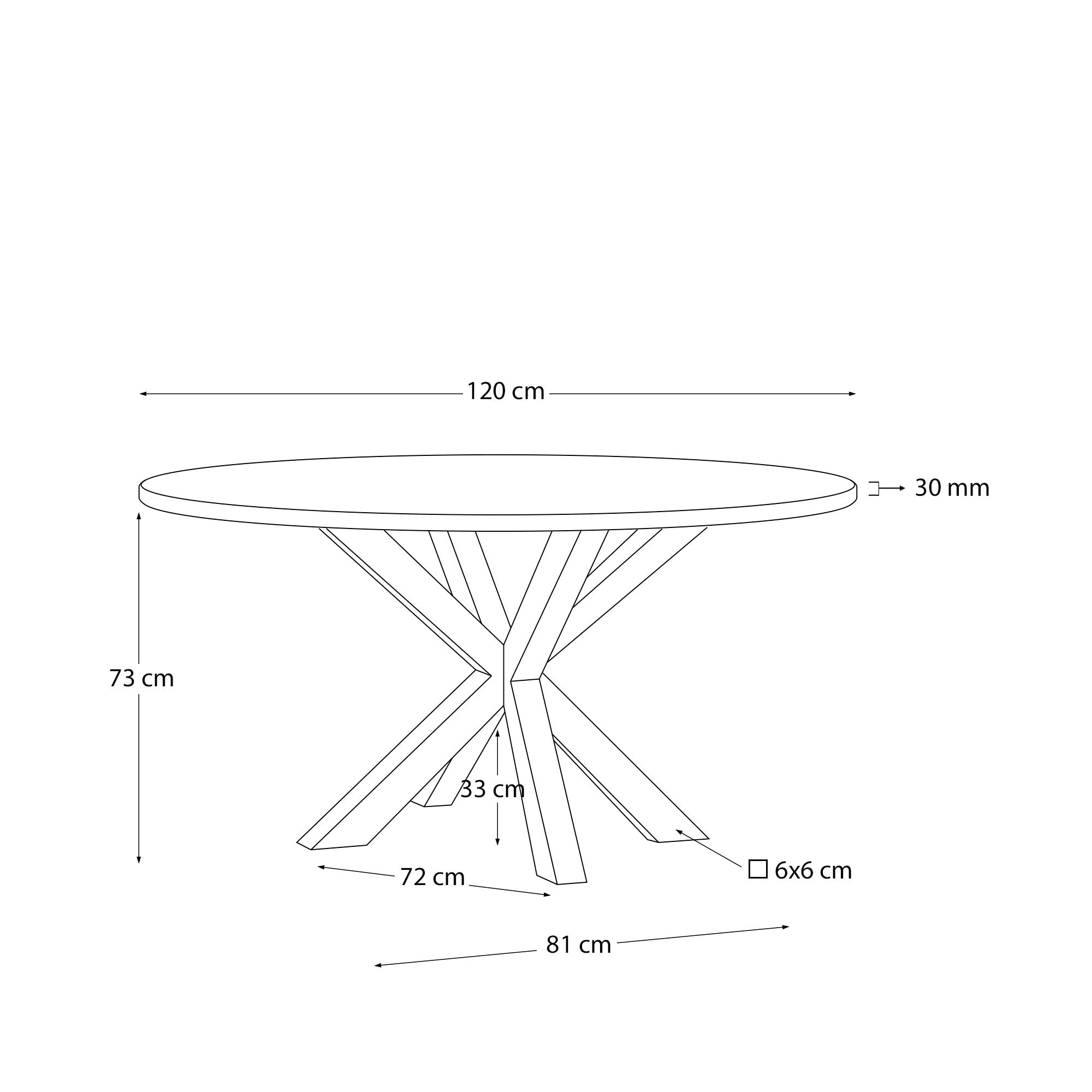 Moderner runder Tisch Argo, Ø 120 cm, mit weißer Melaminplatte und schwarzen Stahlbeinen, ideal für stilvolle Wohnräume.
