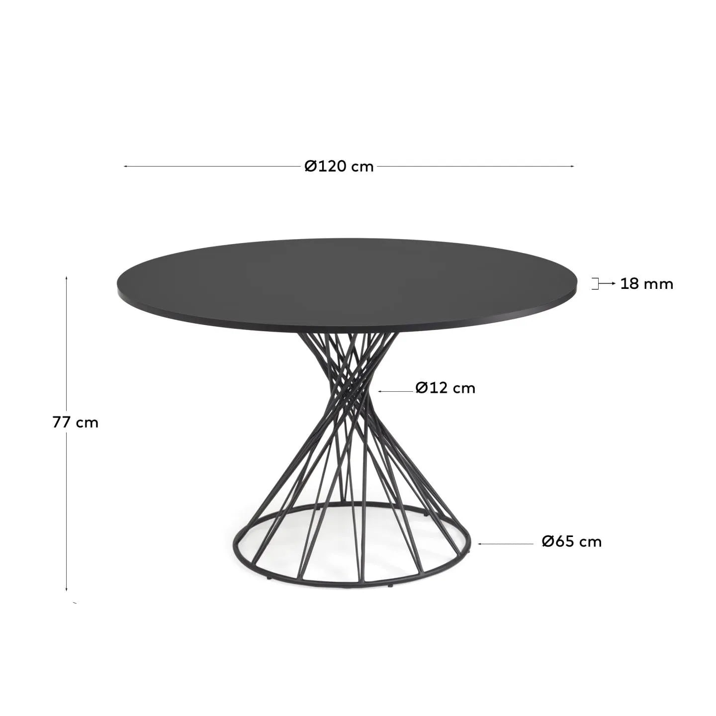 Moderner runder Tisch Ø 120 cm, schwarz lackiertes MDF, stabile schwarze Stahlbeine, stilvoll und vielseitig einsetzbar.