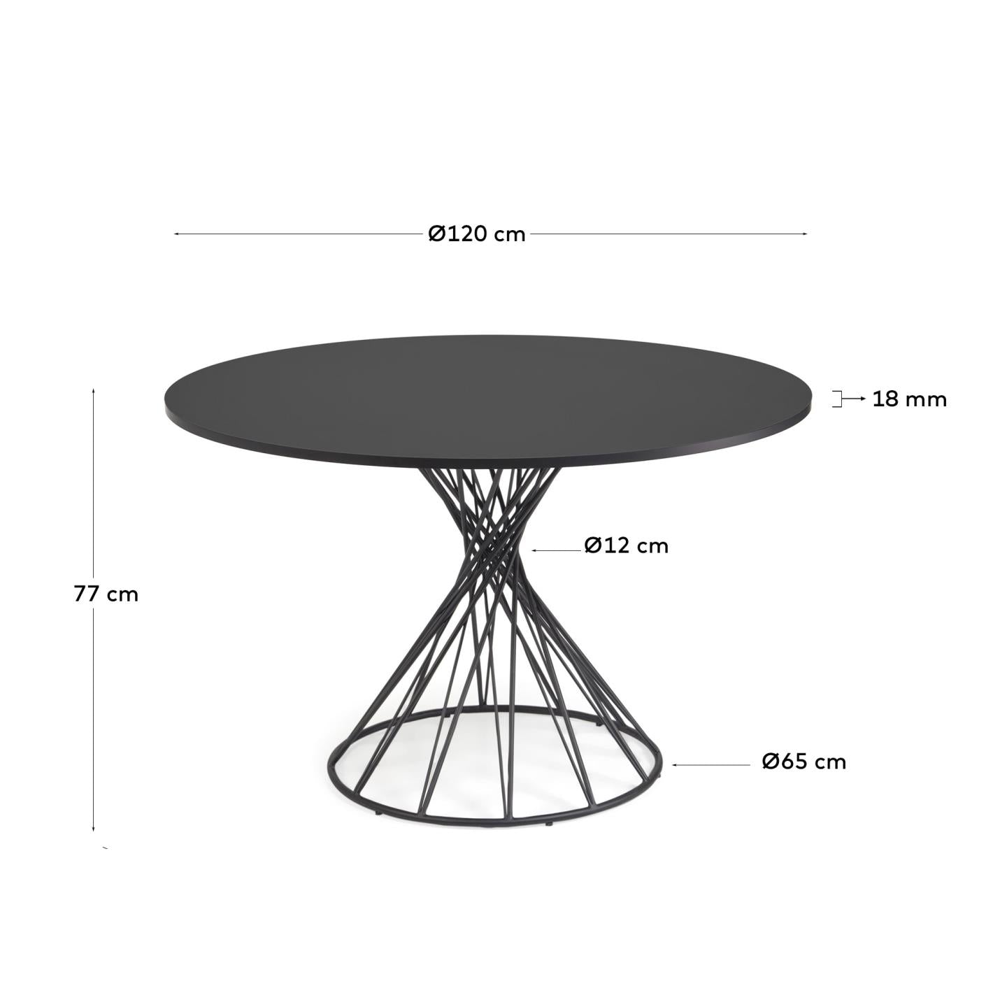 Moderner runder Tisch Ø 120 cm, schwarz lackiertes MDF, stabile schwarze Stahlbeine, stilvoll und vielseitig einsetzbar.
