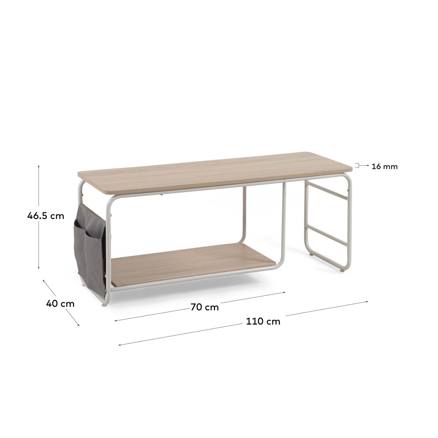 Moderner Yamina TV-Schrank aus robustem Melamin und Stahl, 110 x 46 cm, in elegantem Weiß mit praktischen Stofftaschen für zusätzlichen Stauraum.