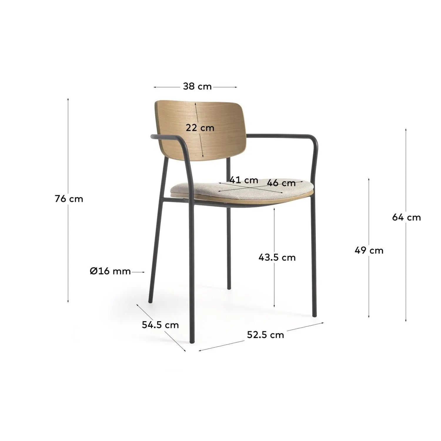 Eleganter Maureen Stuhl: Eichenfurnier & Metall, stapelbar & stilvoll.