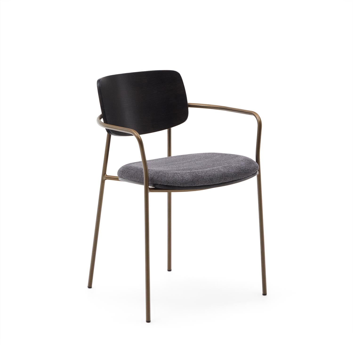 3D-Modell: Eleganter Maureen Stuhl, Eschenfurnier, Messingfinish, stapelbar, ideal für moderne Esszimmer, AR-kompatibel.