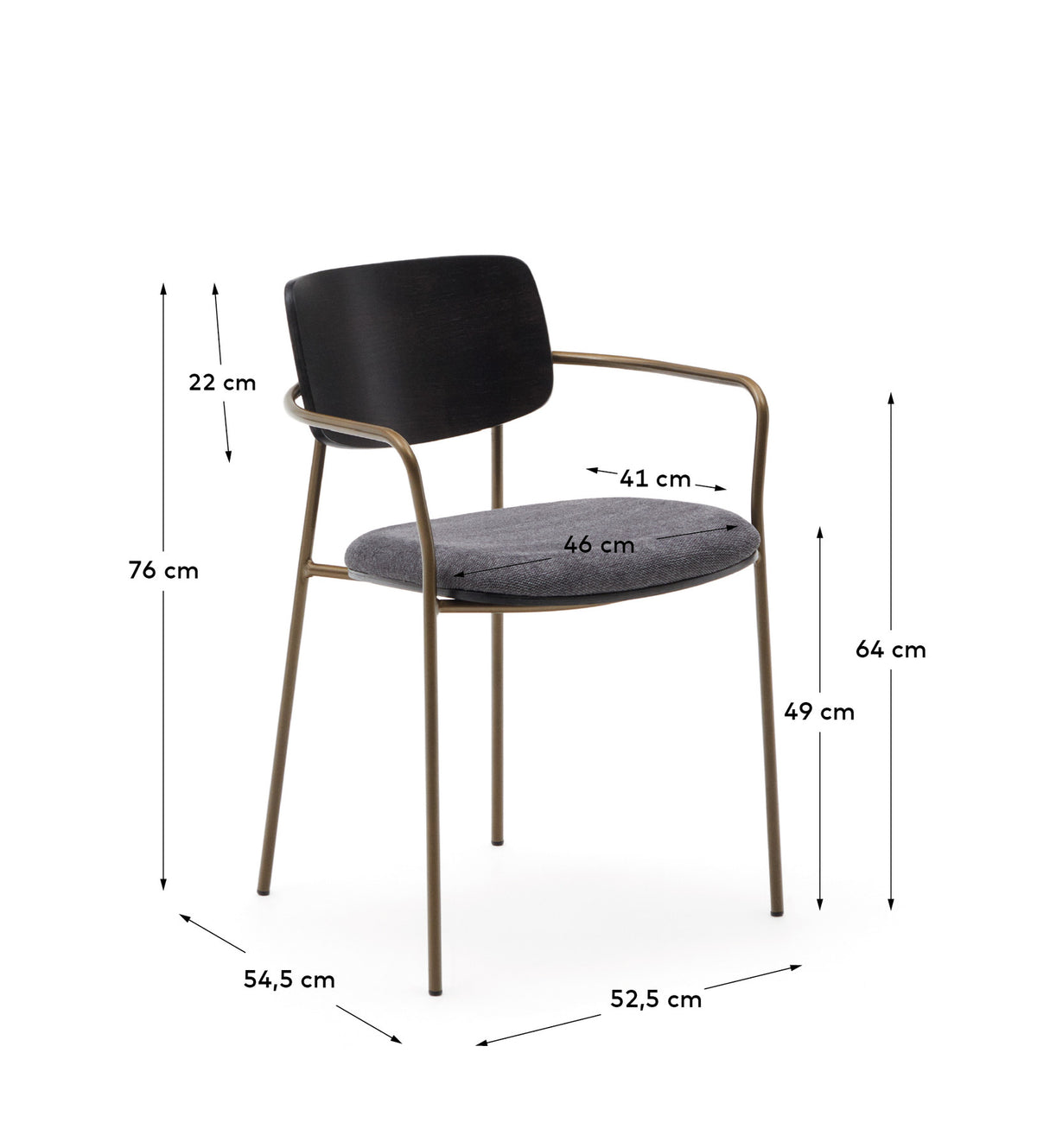 Maureen stapelbarer Stuhl aus Pappelschichtholz dunkles Finish Metall messingfarben FSC 100% in Dunkelgrau präsentiert im Onlineshop von KAQTU Design AG. Stuhl mit Armlehne ist von Kave Home