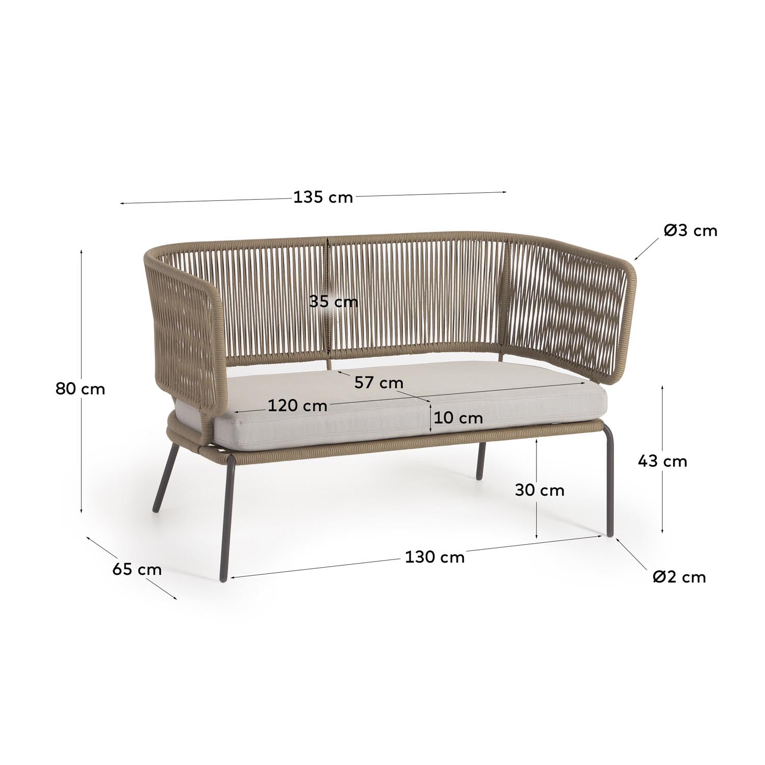Das Nadin 2-Sitzer Sofa von Kave Home bietet stilvollen Komfort im Freien. Handgefertigtes Seil und stabile Stahlbeine sorgen für Langlebigkeit und Eleganz.