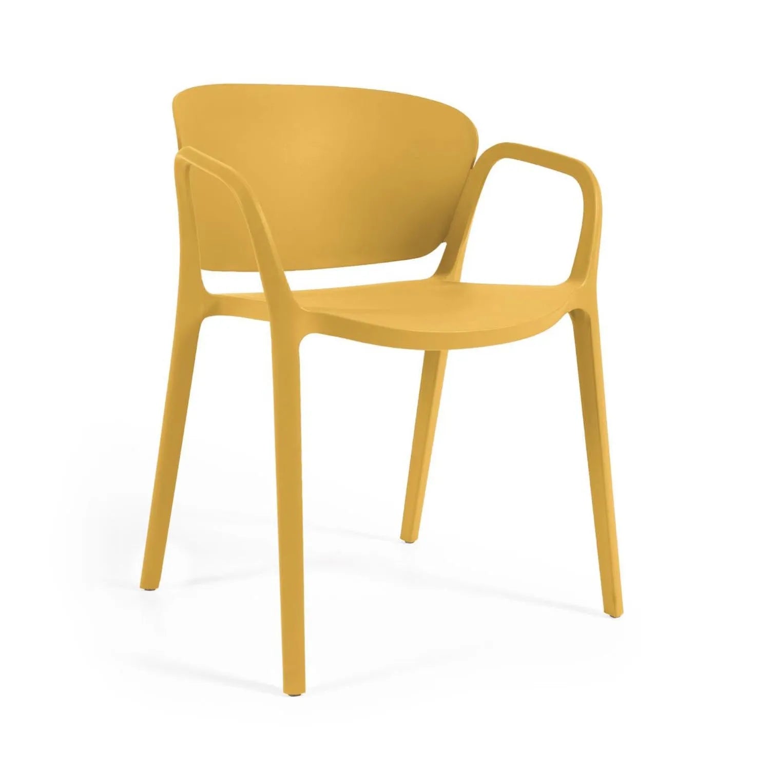 3D-Modell des Ania Stuhls: Gelb, stapelbar, UV-beständig, ergonomisch, ideal für Garten und Terrasse.