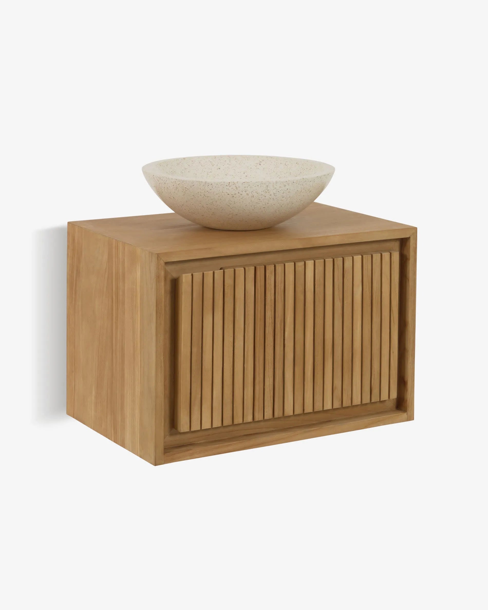 Eleganter Wandschrank aus Teakholz, kompakt und stilvoll, bietet praktischen Stauraum und verleiht Ihrem Bad eine luxuriöse Note.