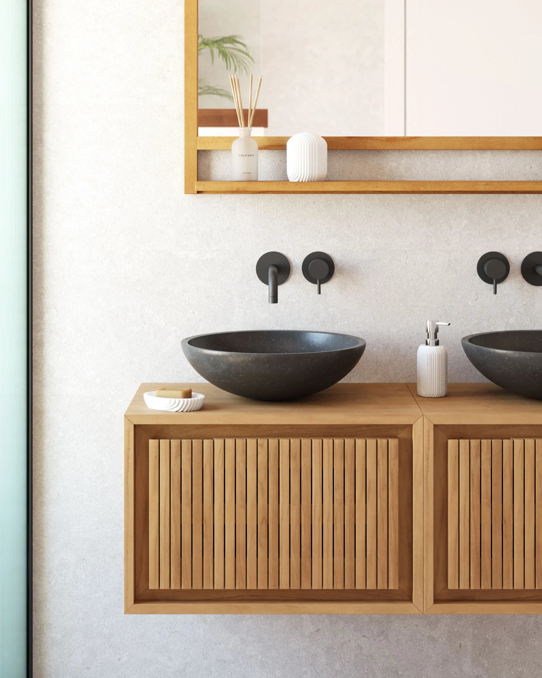 Eleganter Wandschrank aus Teakholz, kompakt und stilvoll, bietet praktischen Stauraum und verleiht Ihrem Bad eine luxuriöse Note.