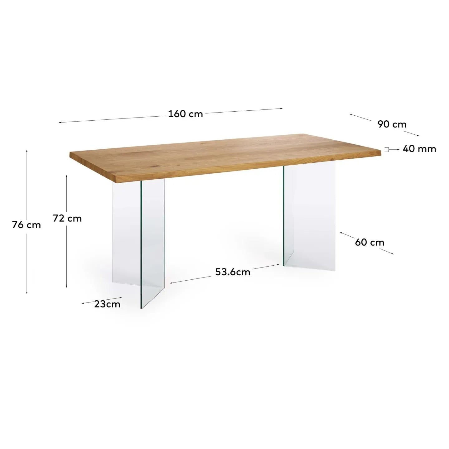 Moderner Tisch mit Eichenfurnier und Glasbeinen, 160x90 cm. Eleganz trifft Funktionalität für stilvolle Esszimmer.