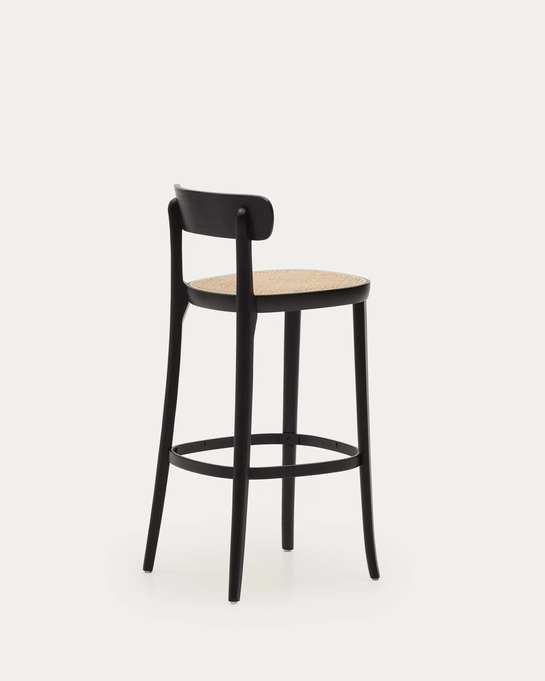 Eleganter Hocker aus Buchenholz mit schwarzem Finish, Eschenfurnier und Rattansitz, ideal für moderne Wohnräume, 75 cm hoch.