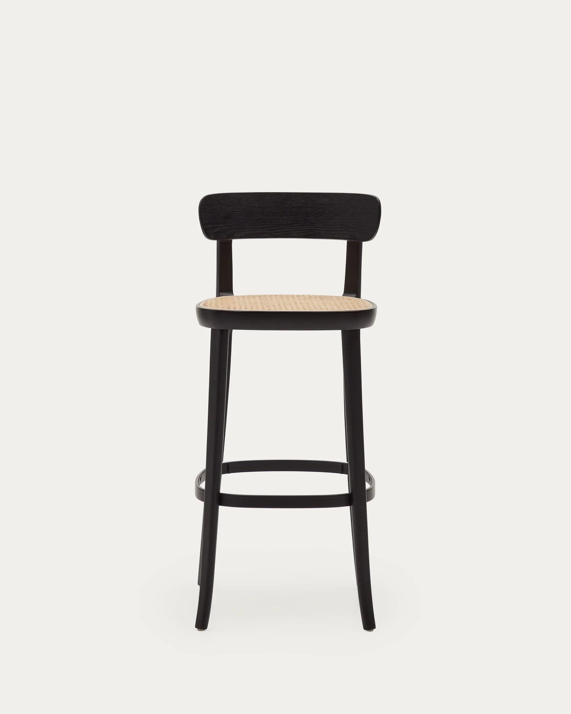 Eleganter Hocker aus Buchenholz mit schwarzem Finish, Eschenfurnier und Rattansitz, ideal für moderne Wohnräume, 75 cm hoch.