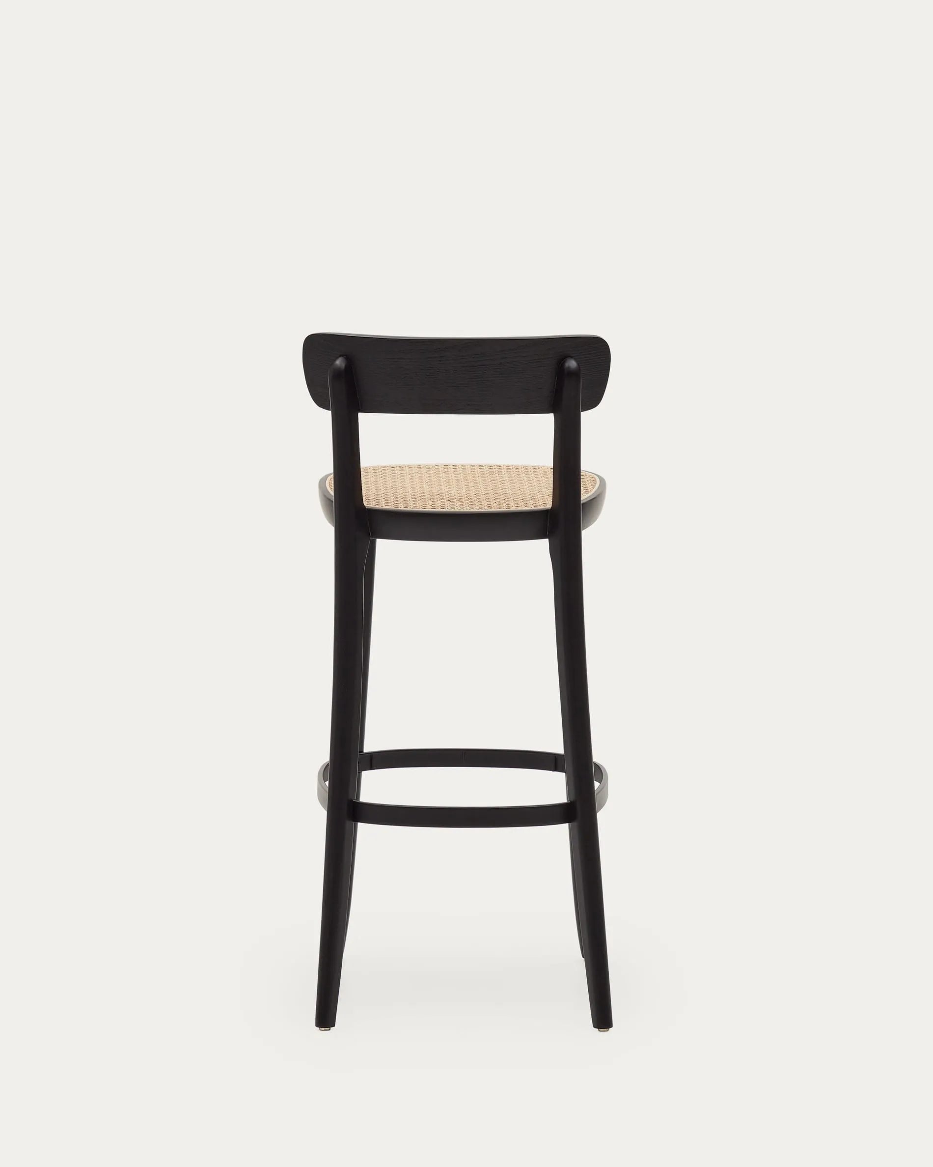 Eleganter Hocker aus Buchenholz mit schwarzem Finish, Eschenfurnier und Rattansitz, ideal für moderne Wohnräume, 75 cm hoch.