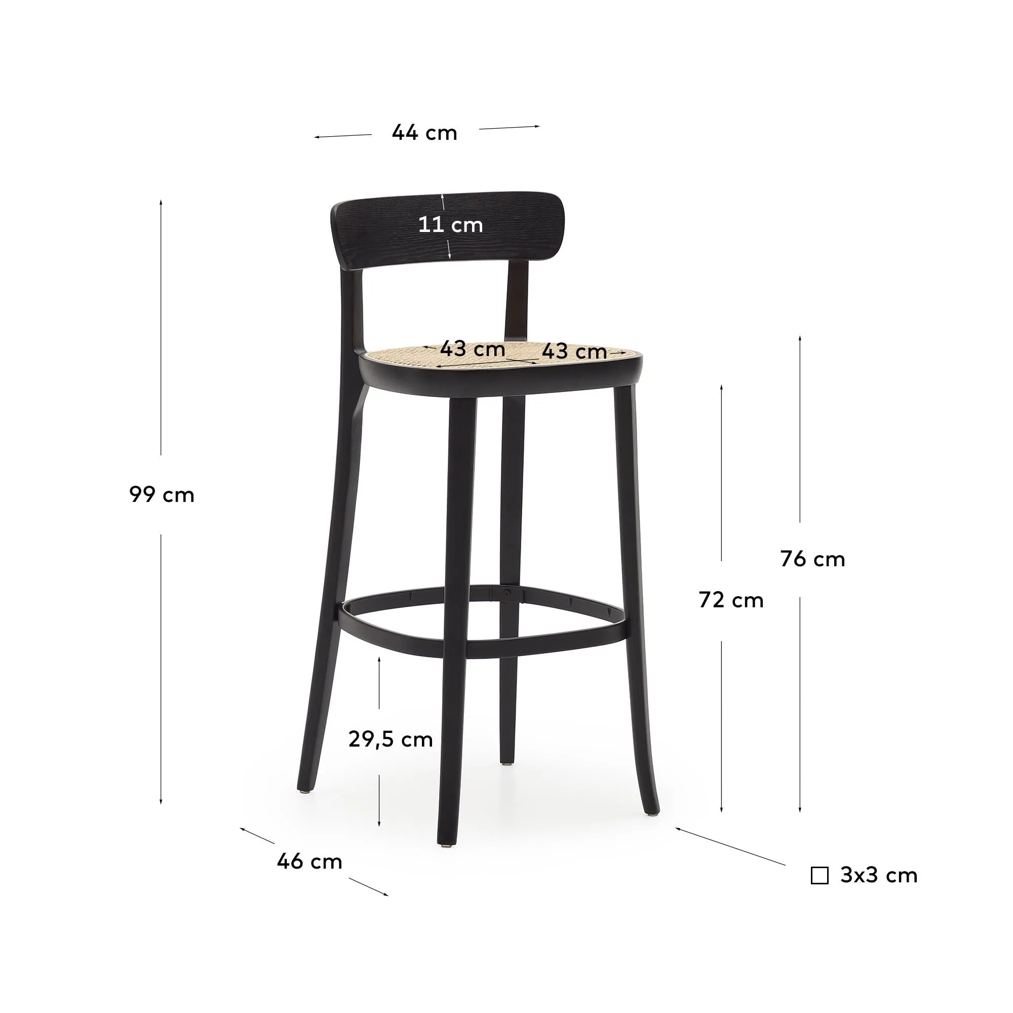 Eleganter Hocker aus Buchenholz mit schwarzem Finish, Eschenfurnier und Rattansitz, ideal für moderne Wohnräume, 75 cm hoch.