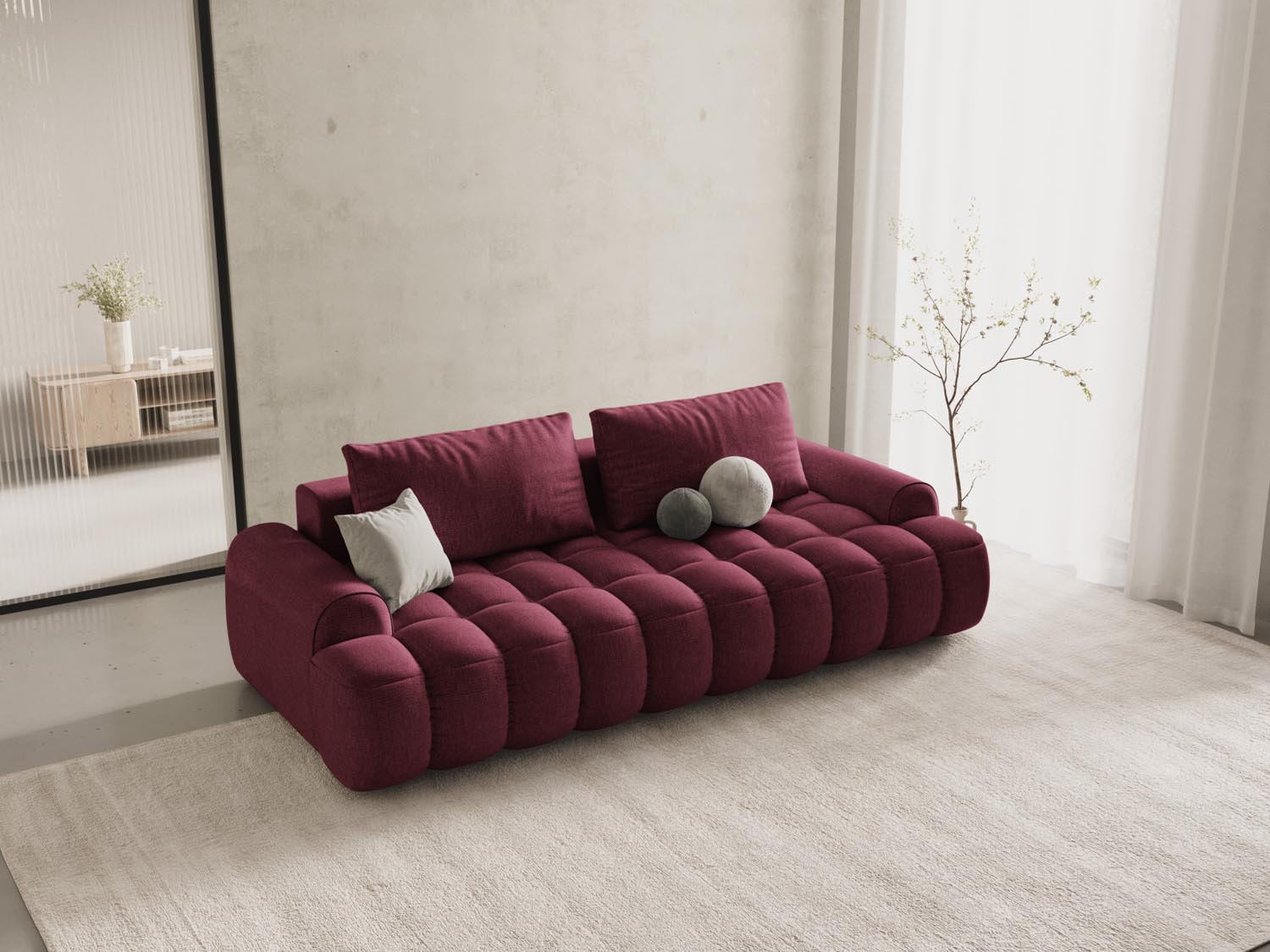 Elegantes Linz Sofa in Burgundy-Sorella, 4-Sitzer mit Schlaffunktion und Stauraum, ideal für stilvolle Wohnräume.