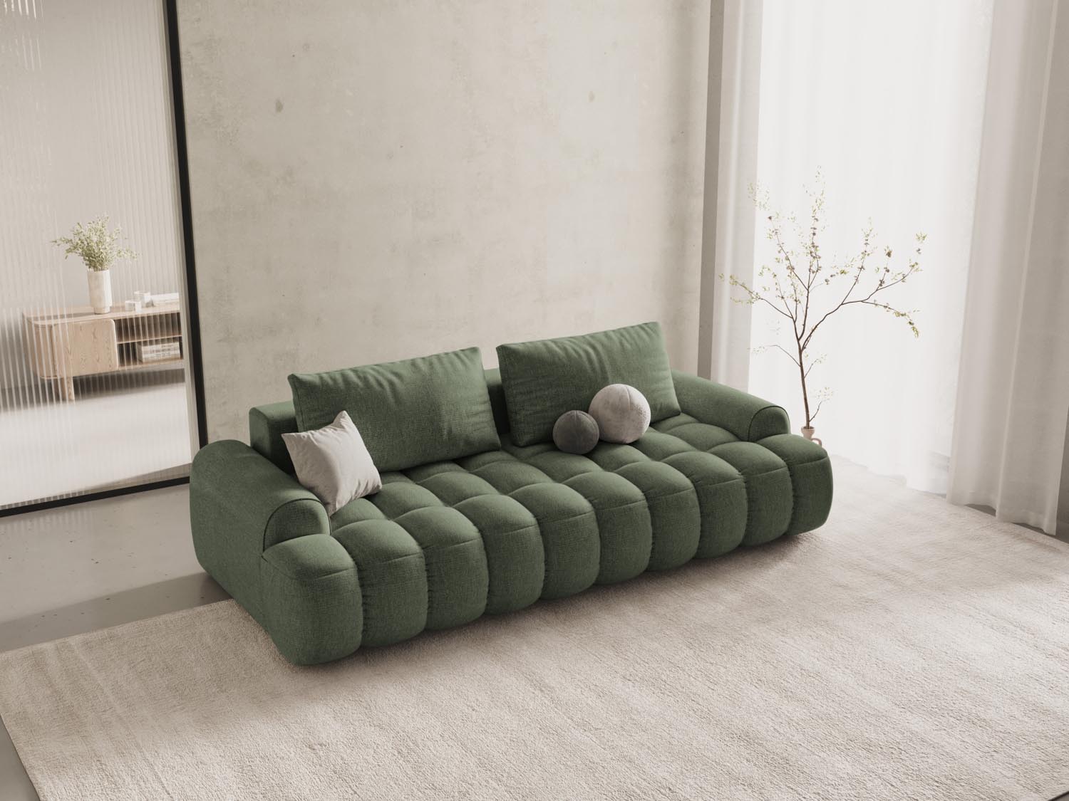 Elegantes Linz Sofa in Dunkeloliv mit Schlaffunktion und Stauraum, ideal für stilvolle Wohnräume und Gästeübernachtungen.
