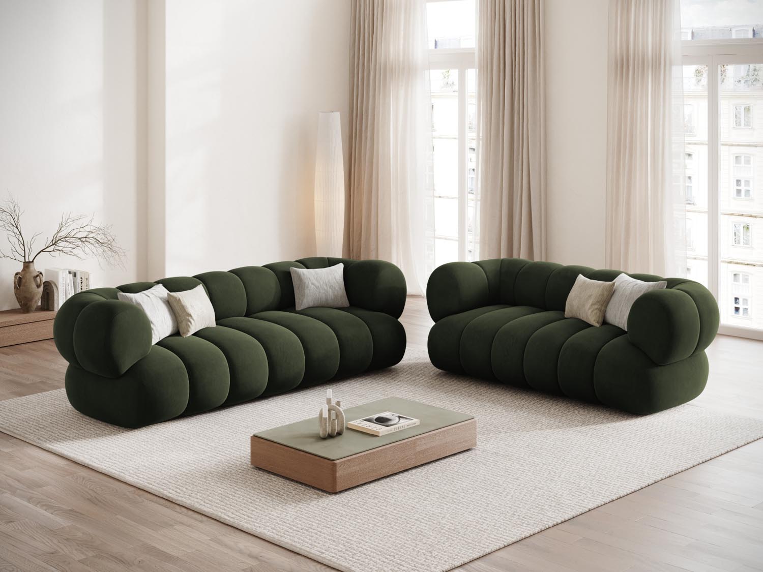 Elegantes Koge Velour Sofa in Grün, 2-Sitzer mit 95 cm Breite, ideal für stilvolle Wohnräume, präsentiert von Cosmopolitan Design.
