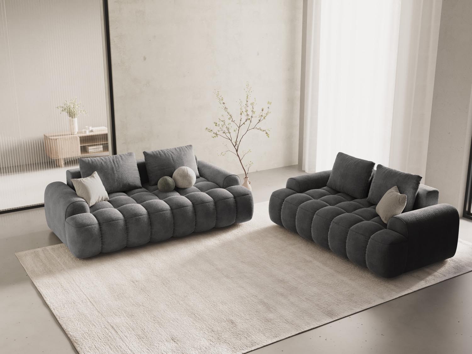 Elegantes Linz Velour Sofa für zwei Personen in stilvollem Grau, ideal für moderne Wohnräume und gemütliche Abende.