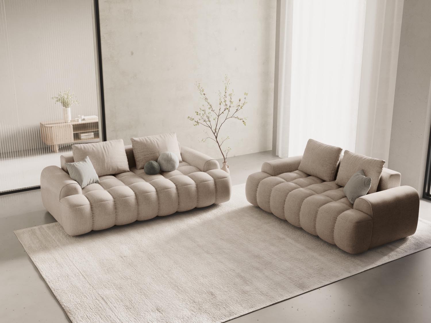 Elegantes Linz 2-Sitzer Sofa in Sand-Sorella, ideal für stilvolle Wohnräume, präsentiert von Cosmopolitan Design.