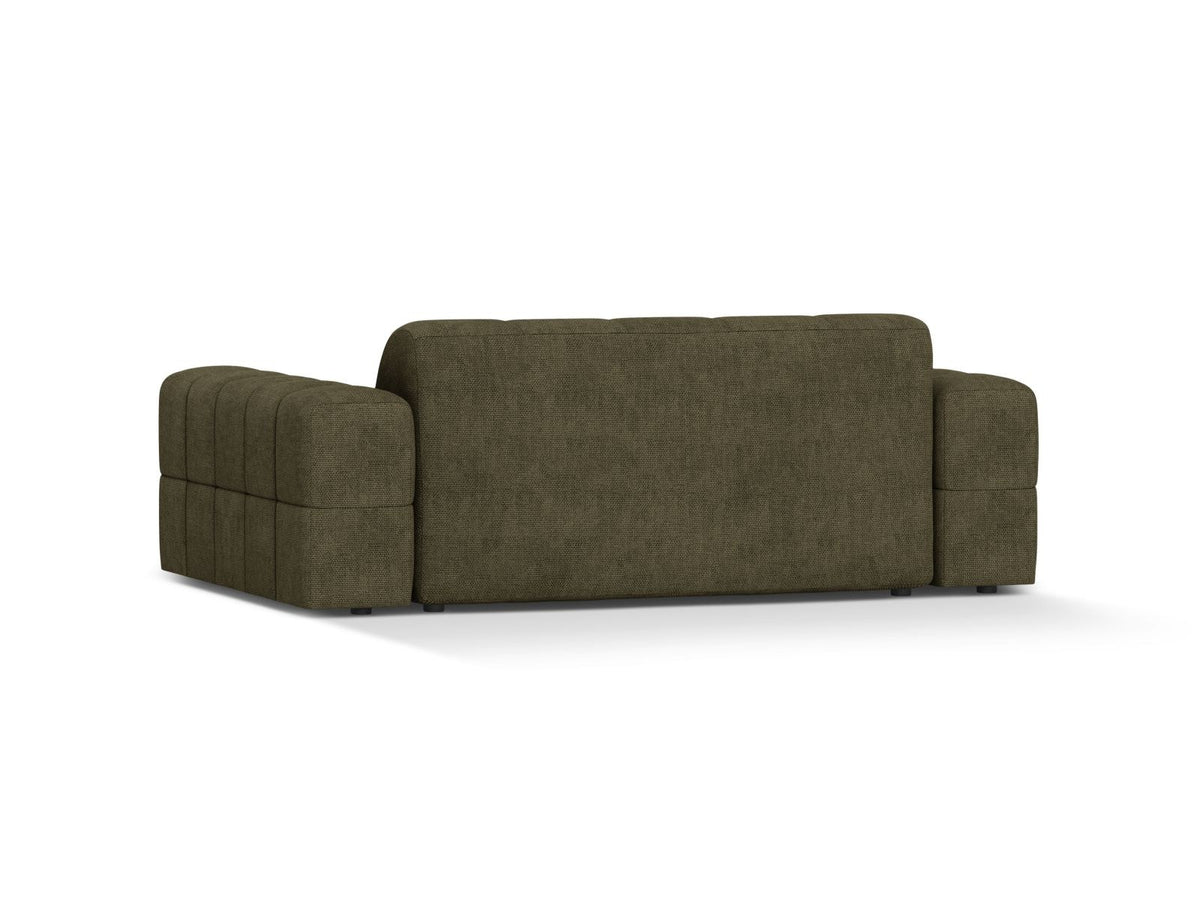 Zweisitzer-Sofa mit hellbeigem Chenille-Bezug (Eden), Massivholzrahmen und schwarzen Kunststoffbeinen, moderne klare Linienführung.