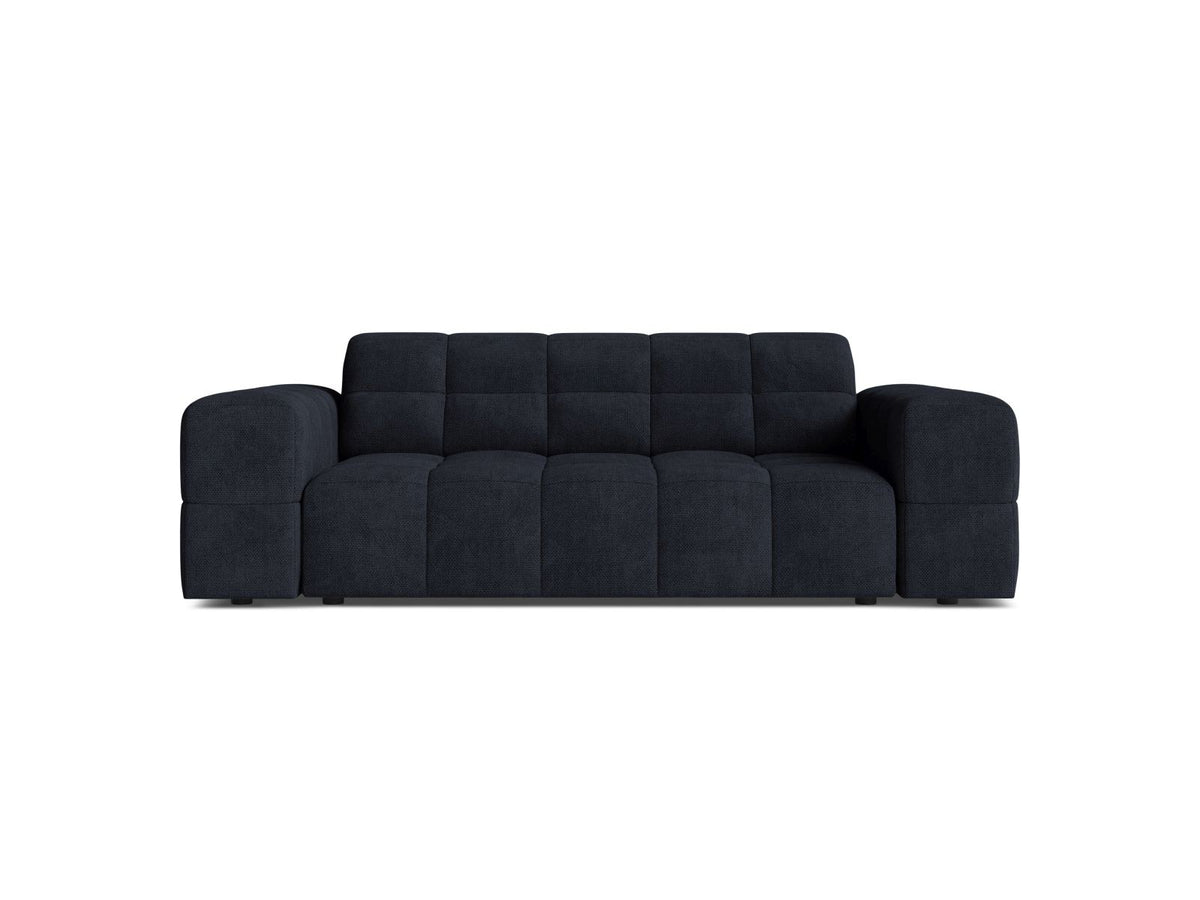 Zweisitzer-Sofa mit hellbeigem Chenille-Bezug (Eden), Massivholzrahmen und schwarzen Kunststoffbeinen, moderne klare Linienführung.