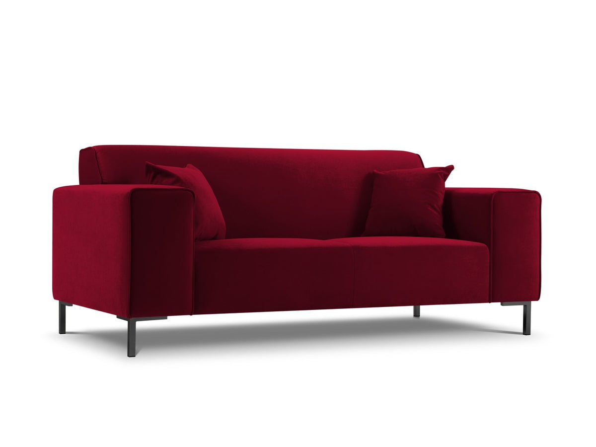Zweisitzer-Sofa Siena in Beige-Salvador-Samt mit schwarzen Kunststoffbeinen, gepolsterter Sitzfläche und niedriger Rückenlehne, Frontansicht.