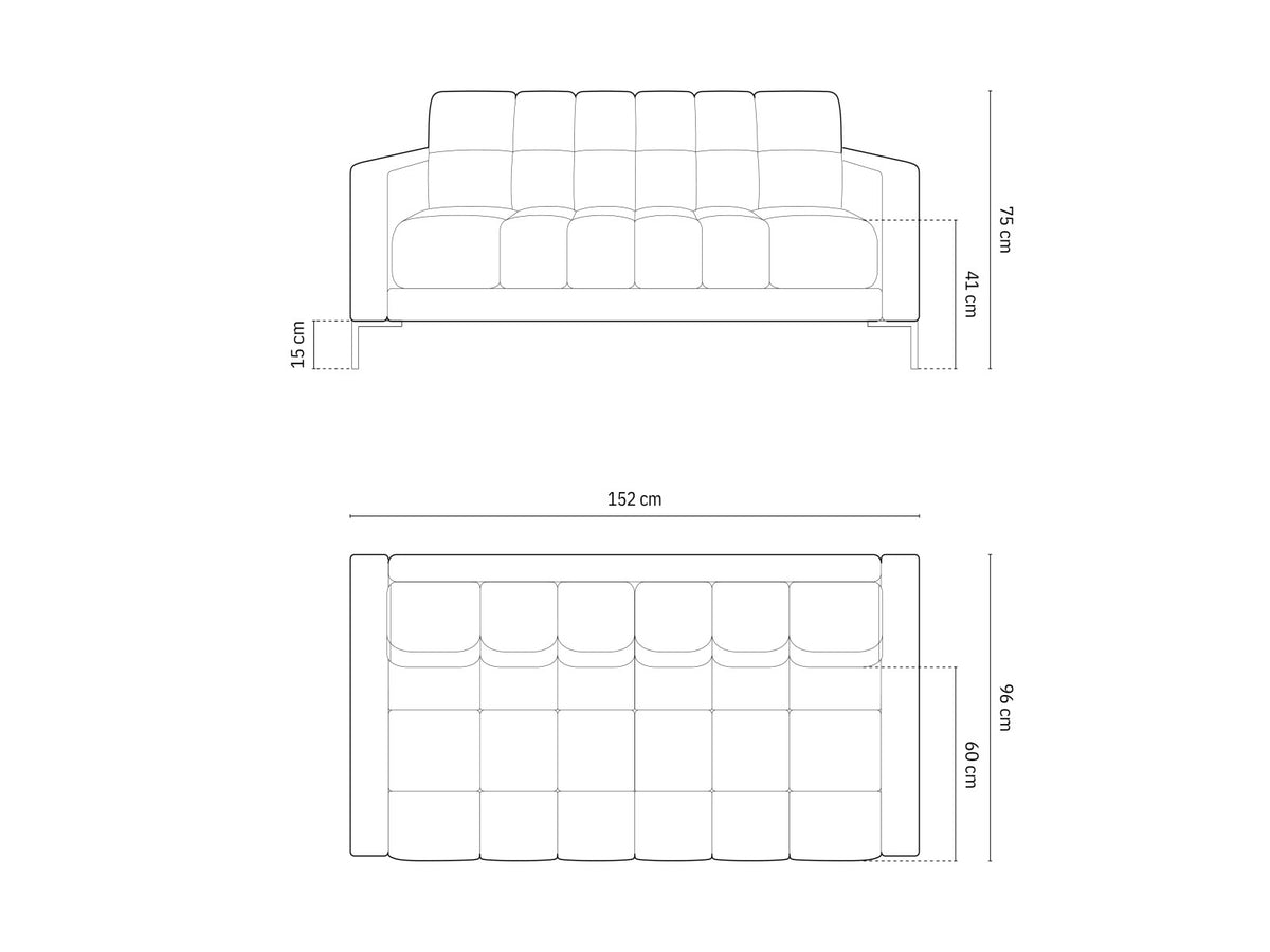 Zweisitziges Sofa Bali mit Stoffbezug, Dekokissen und schlanken Metallbeinen