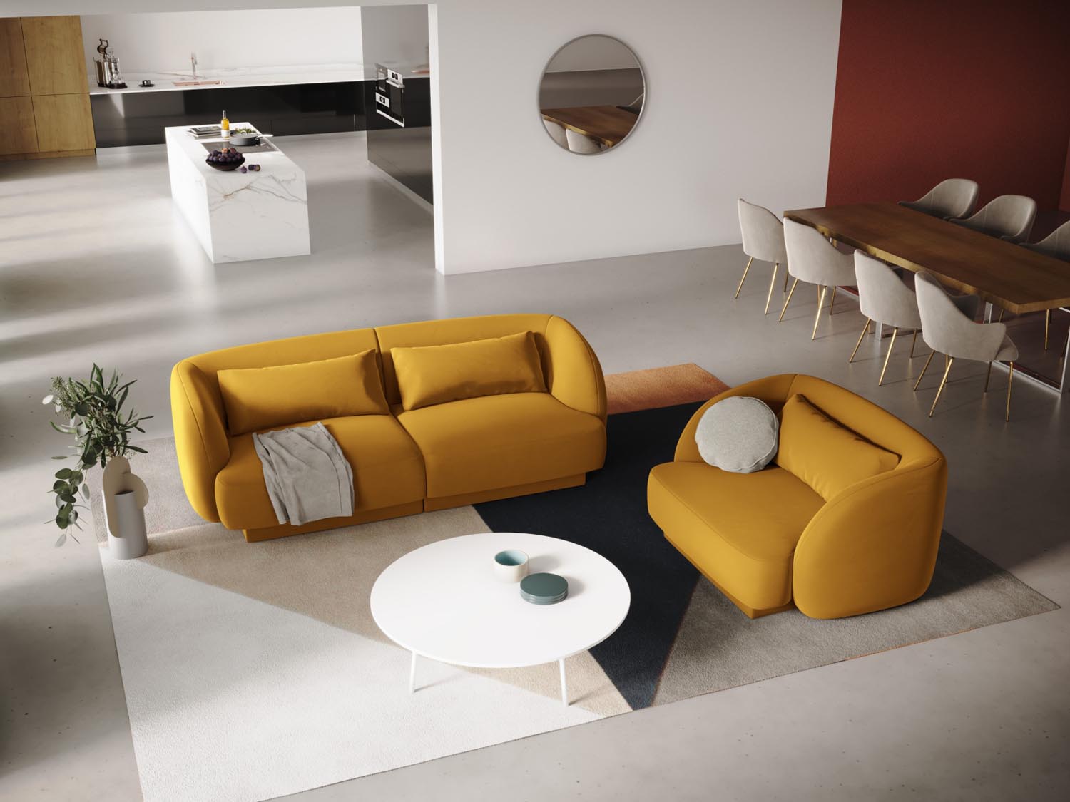 Elegantes Tulum Velour Sofa in Gelb-Blau, ideal für stilvolle Wohnräume. Kompakte 90 cm Breite, perfekt für kleine Räume.