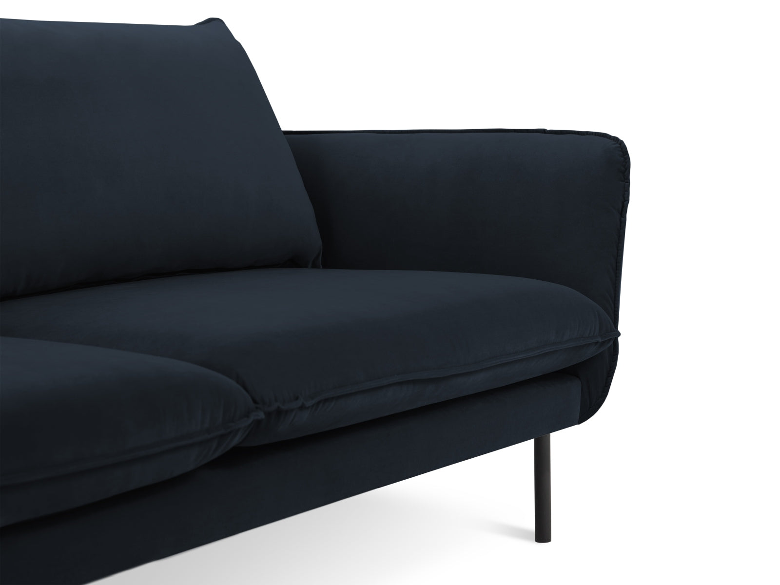 Modernes 2-Sitzer Sofa "Vienna" in tiefem Blau und Schwarz, gefertigt aus luxuriösem Velours, perfekt für stilvolle Wohnräume.