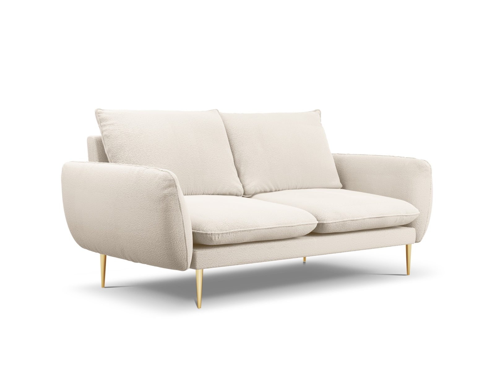 Stilvolles 2-Sitzer Sofa im Boucle-Stil, beige mit goldenen Details, perfekt für zeitgemäße Inneneinrichtungen.