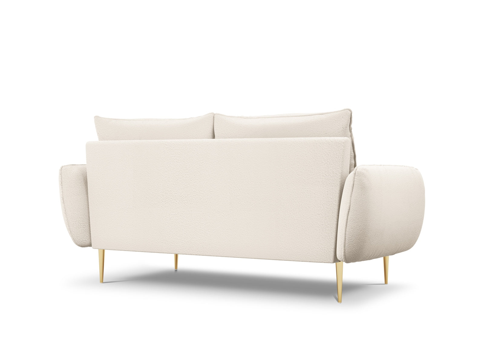 Elegantes 2-Sitzer Sofa im Boucle-Design, in sanftem Beige mit luxuriösen goldenen Akzenten, ideal für moderne Wohnräume.