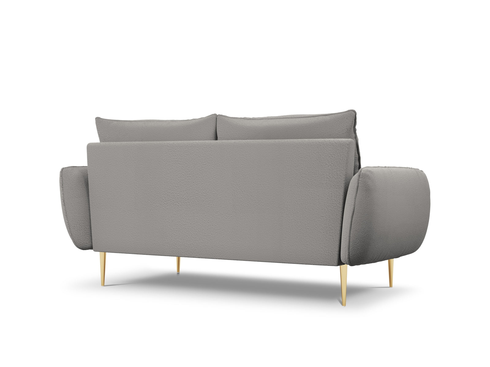 Elegantes 2-Sitzer Boucle Sofa in Grau mit goldenen Akzenten, perfekt für stilvolle Wohnräume und moderne Einrichtungskonzepte.