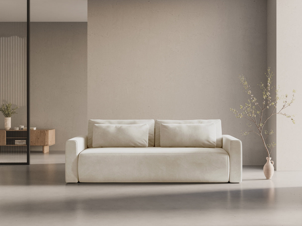 Belfast Velour Sofa mit Schlaffunktion und Stauraum 3 Sitzer in Ivory-Magic Velvet präsentiert im Onlineshop von KAQTU Design AG. Bettsofa ist von Cosmopolitan Design