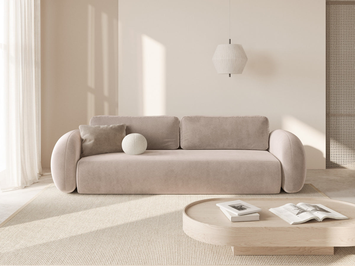 Tonale Velour Sofa mit Schlaffunktion und Stauraum 3 Sitzer in Almond Beige-Magic Velvet präsentiert im Onlineshop von KAQTU Design AG. Bettsofa ist von Cosmopolitan Design