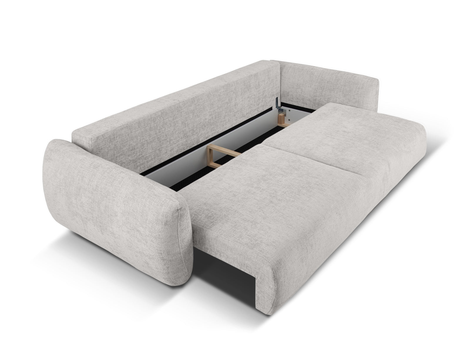 Stylisches 3-Sitzer Sofa Matera in sanftem Grau, perfekt für Gästeübernachtungen und bietet zusätzlichen Stauraum für Kissen und Decken.