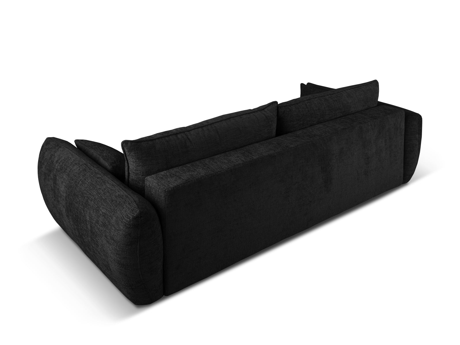 Stylisches 3-Sitzer Sofa Matera in Schwarz, perfekt für kleine Räume, vereint Komfort, Schlafplatz und cleveren Stauraum.