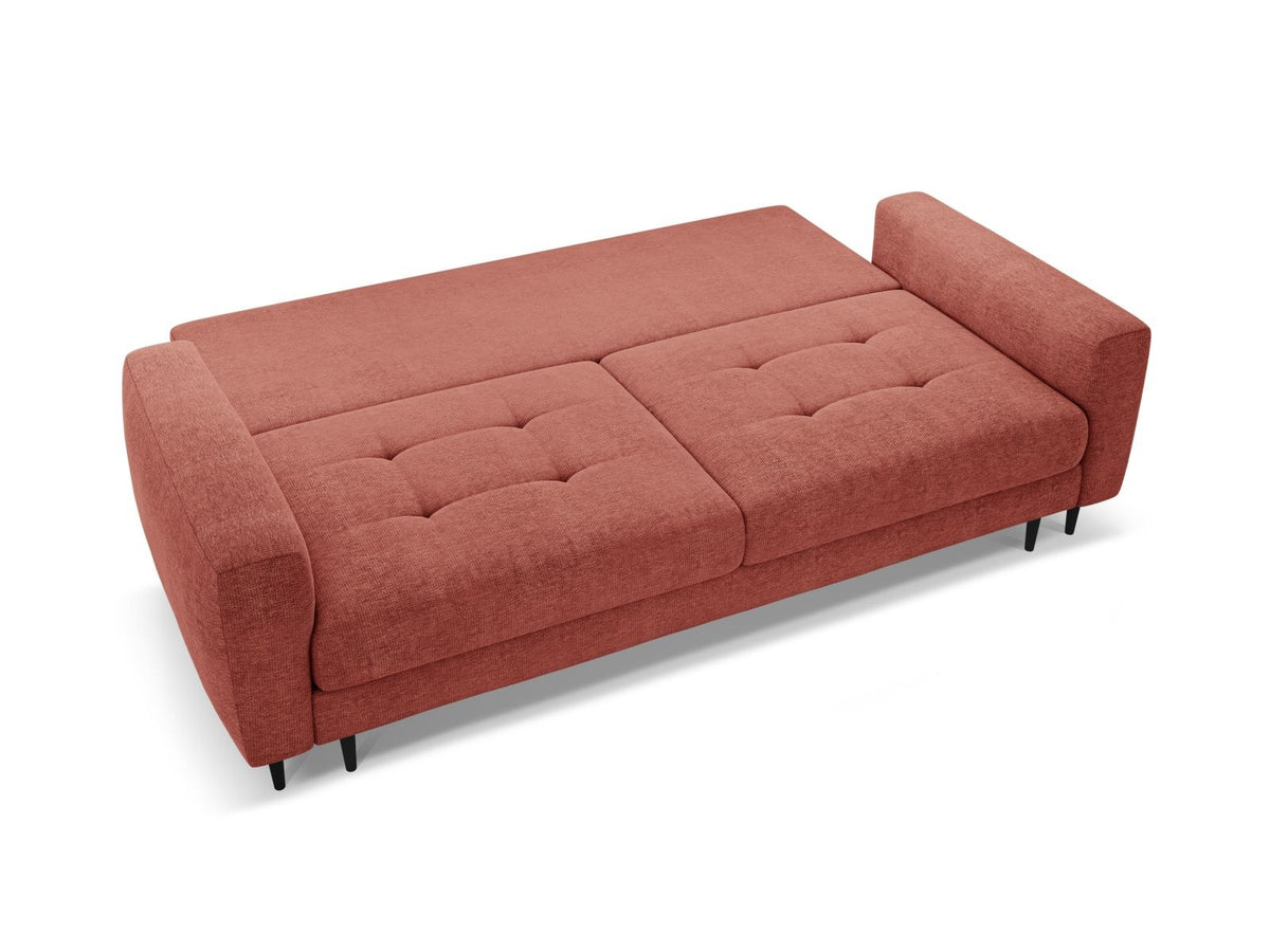 Beiges Bettsofa Lazio mit Sorella-Stoffbezug, Massivholzrahmen, schwarzen Metallbeinen und ausklappbarer Liegefläche samt Bettkasten.