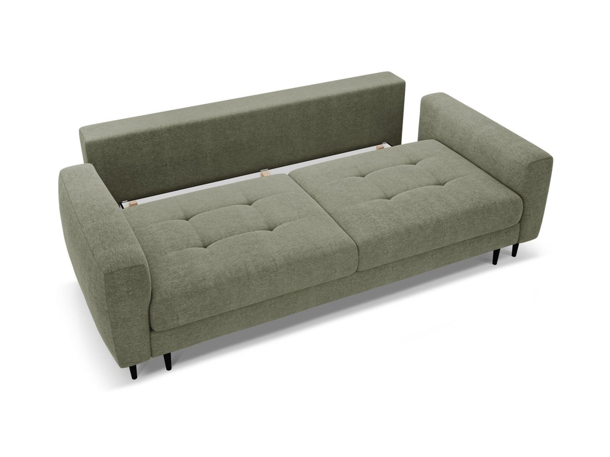 Beiges Bettsofa Lazio mit Sorella-Stoffbezug, Massivholzrahmen, schwarzen Metallbeinen und ausklappbarer Liegefläche samt Bettkasten.