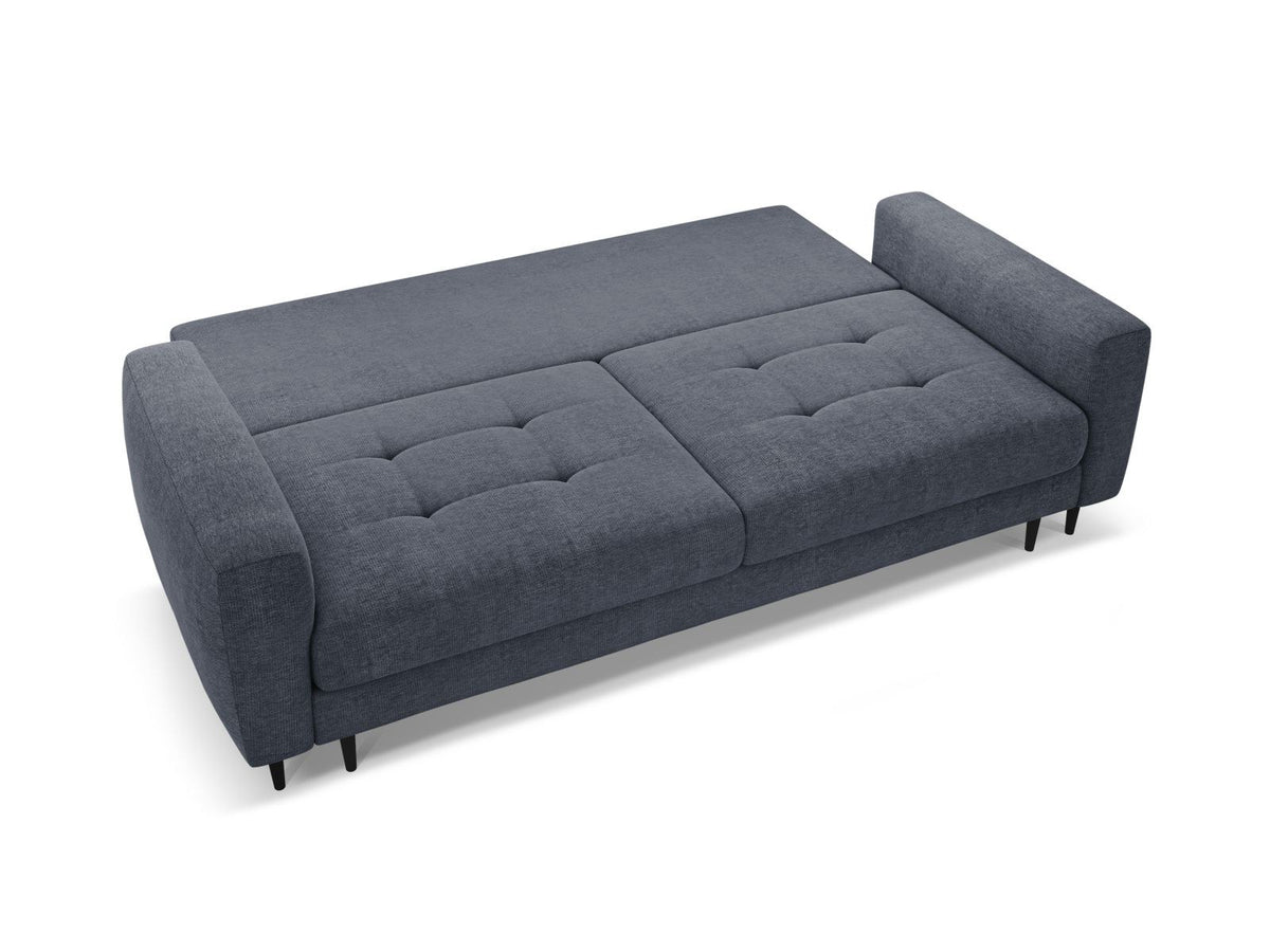 Beiges Bettsofa Lazio mit Sorella-Stoffbezug, Massivholzrahmen, schwarzen Metallbeinen und ausklappbarer Liegefläche samt Bettkasten.