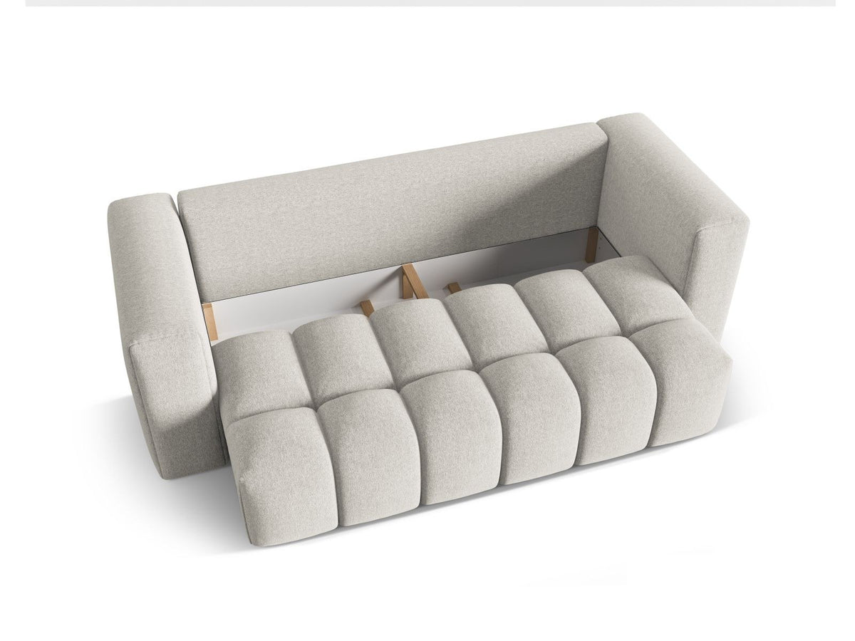 Beiges Bettsofa Verona von Cosmopolitan Design mit Sorella-Polsterstoff, Massivholzrahmen, Bettkasten und schwarzen Kunststoffbeinen.