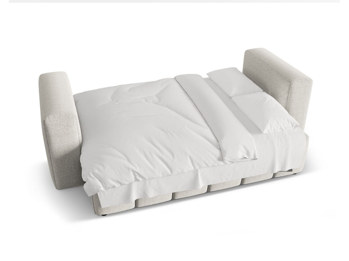 Beiges Bettsofa Verona von Cosmopolitan Design mit Sorella-Polsterstoff, Massivholzrahmen, Bettkasten und schwarzen Kunststoffbeinen.