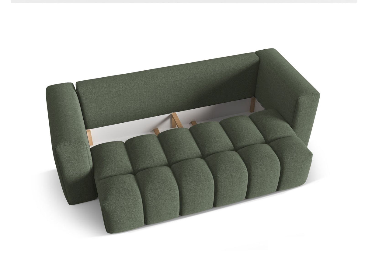 Beiges Bettsofa Verona von Cosmopolitan Design mit Sorella-Polsterstoff, Massivholzrahmen, Bettkasten und schwarzen Kunststoffbeinen.
