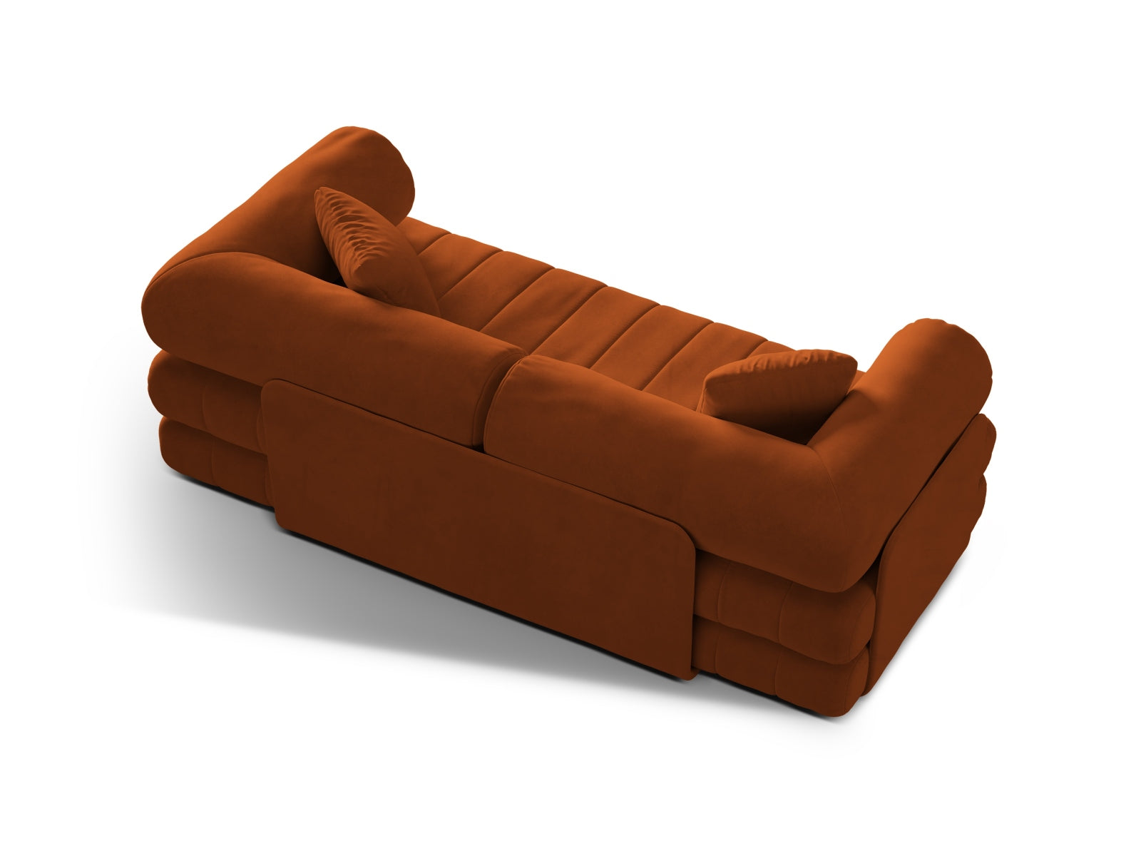 Stilvolles Kemi Velour Sofa in warmem Terracotta, vielseitig als 3-Sitzer und komfortables Bettsofa für moderne Interiors.