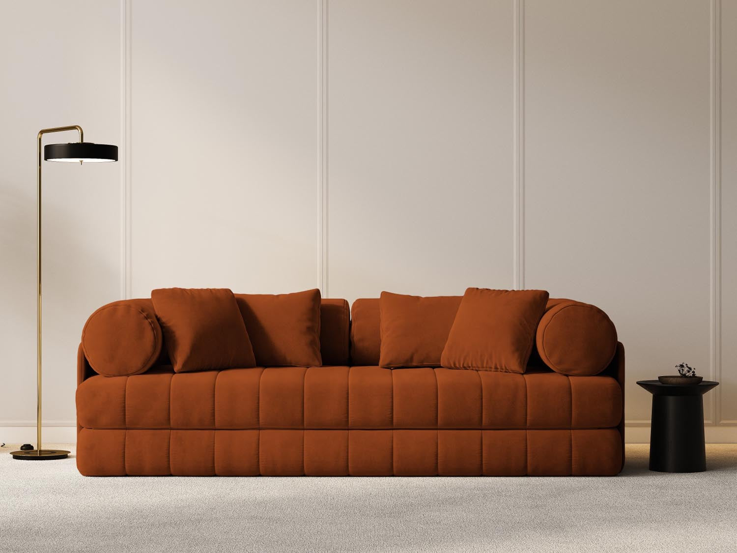 Elegantes Kemi Velour Sofa in Terracotta mit Schlaffunktion, ideal für stilvolle Wohnräume und gemütliche Nächte.