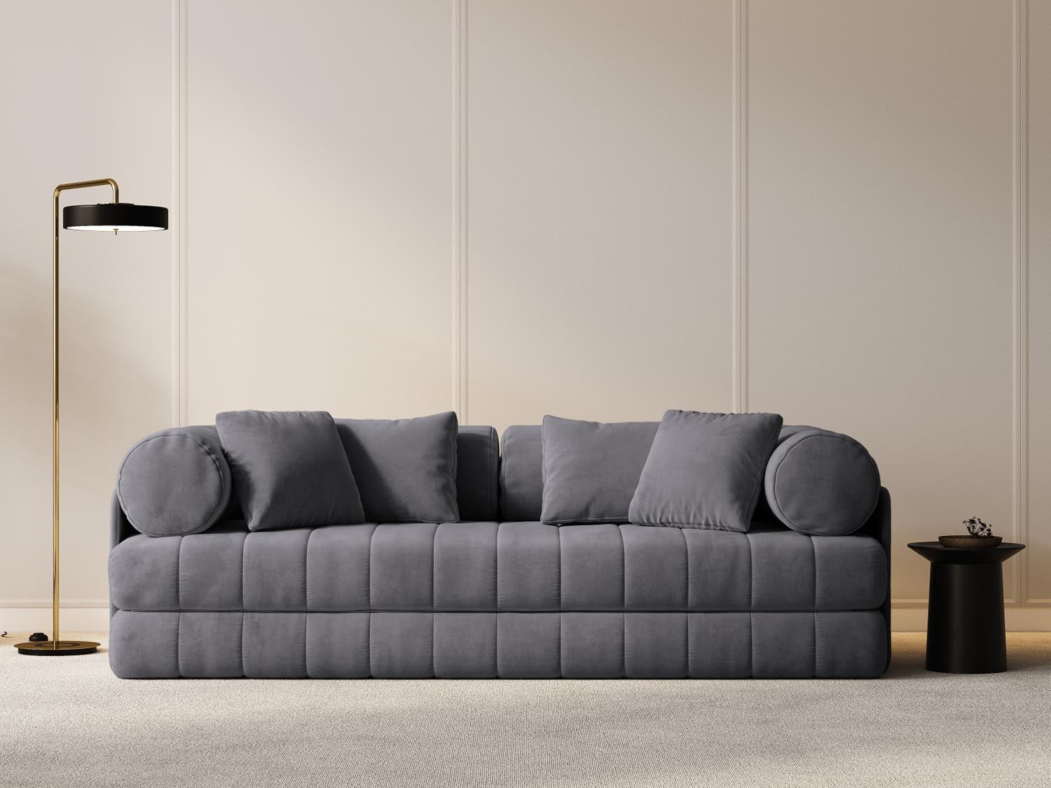 Elegantes Kemi Velour Sofa in Dunkelgrau, 3-Sitzer mit Schlaffunktion, ideal für stilvolle Wohnräume und gemütliche Nächte.