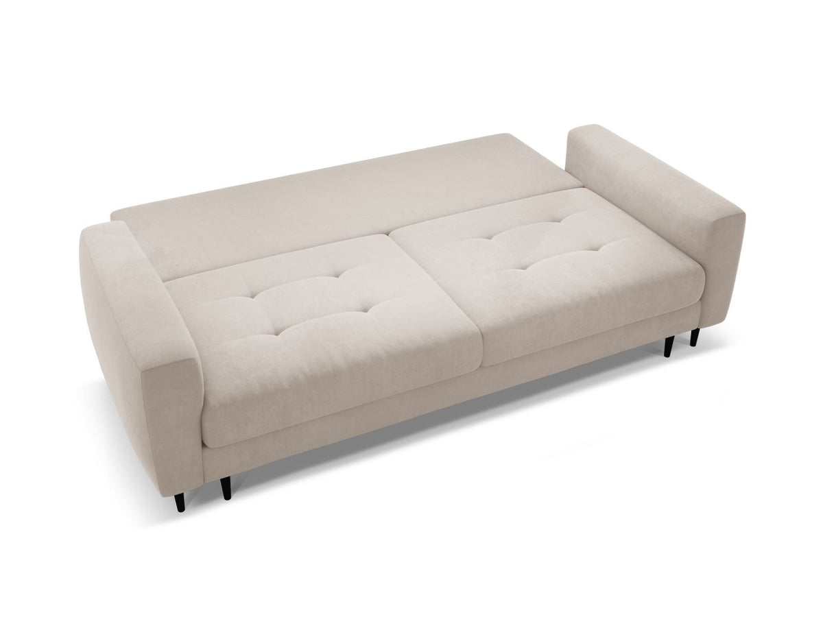 Cosmopolitan Design Lazio Bettsofa in Beige-Samt, 3-Sitzer mit ausklappbarer Liegefläche, Bettkasten und schwarzen Metallbeinen.