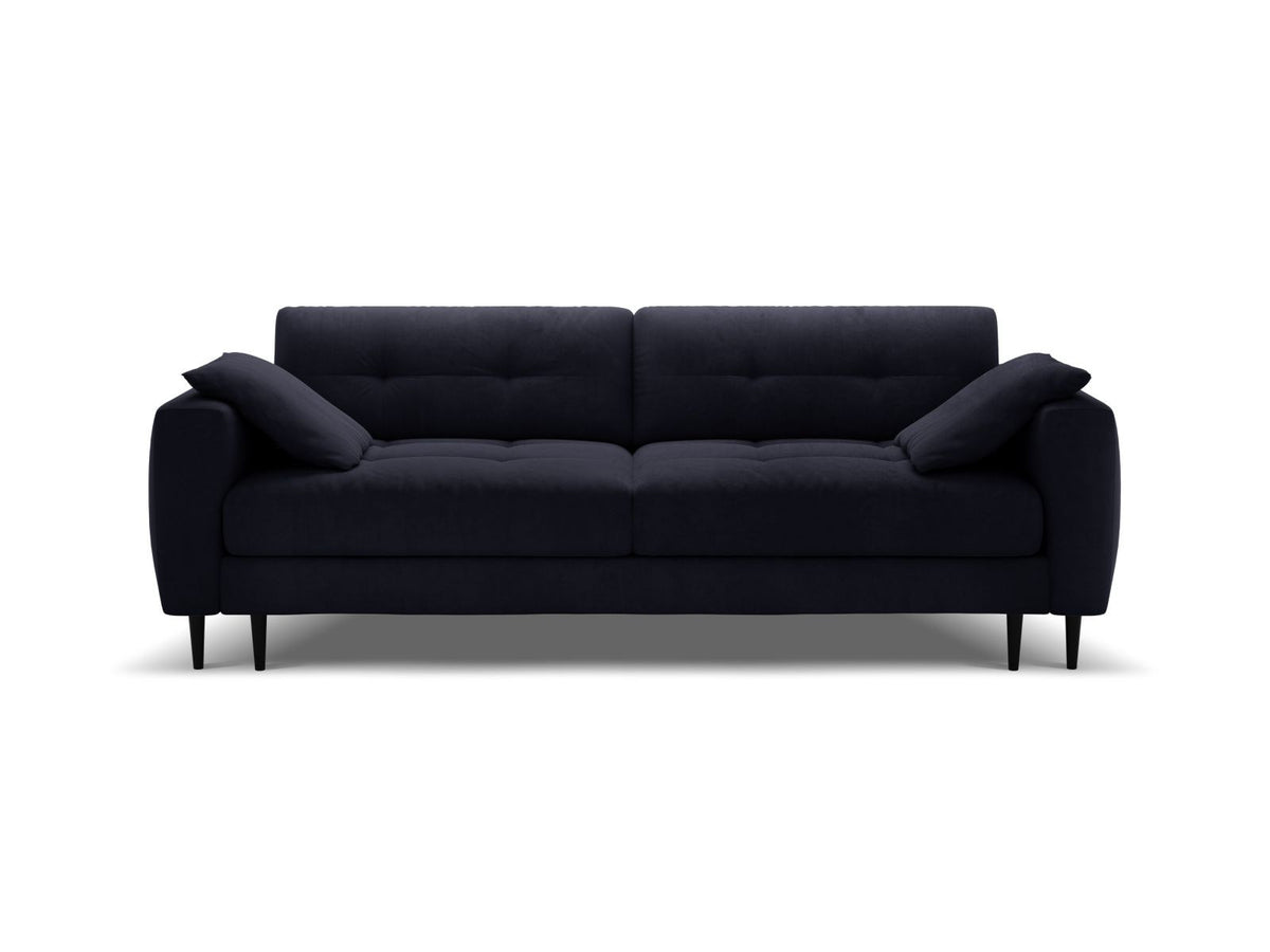 Cosmopolitan Design Lazio Bettsofa in Beige-Samt, 3-Sitzer mit ausklappbarer Liegefläche, Bettkasten und schwarzen Metallbeinen.