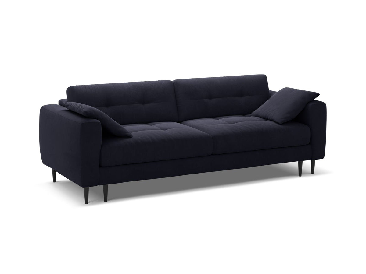 Cosmopolitan Design Lazio Bettsofa in Beige-Samt, 3-Sitzer mit ausklappbarer Liegefläche, Bettkasten und schwarzen Metallbeinen.