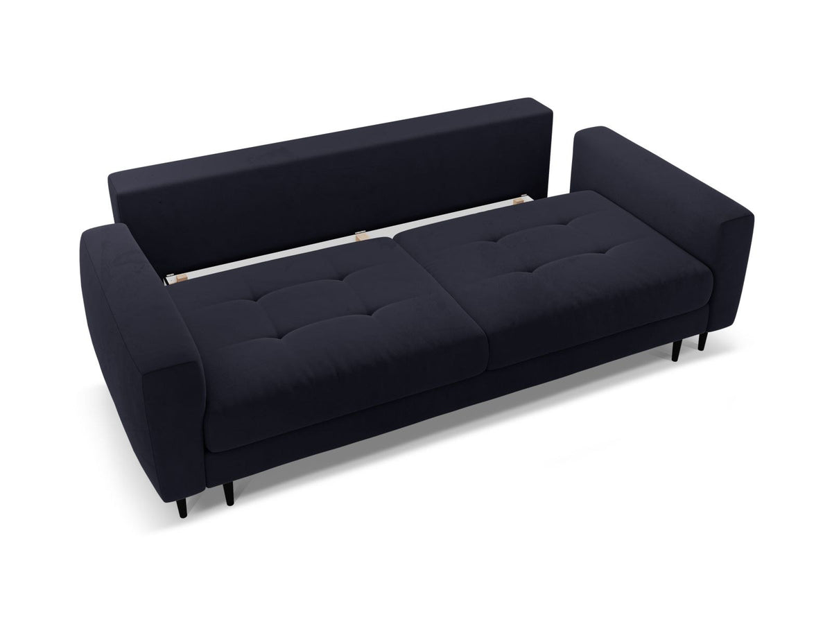 Cosmopolitan Design Lazio Bettsofa in Beige-Samt, 3-Sitzer mit ausklappbarer Liegefläche, Bettkasten und schwarzen Metallbeinen.