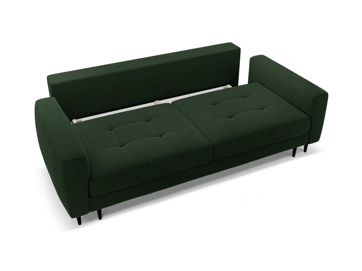 Cosmopolitan Design Lazio Bettsofa in Beige-Samt, 3-Sitzer mit ausklappbarer Liegefläche, Bettkasten und schwarzen Metallbeinen.